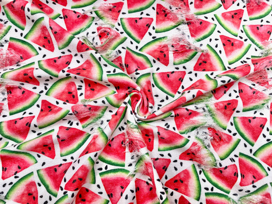 Watermelon Distressed Denim Print #20 Polyester Rayon Spandex Stretch Apparel Fabric 58"-60" Wide By The Yard