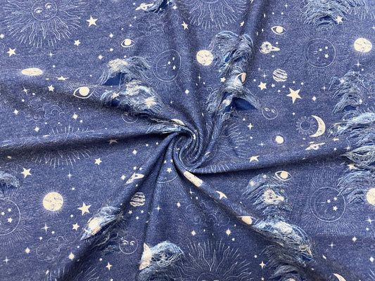Constellations Sky Distressed Denim Print #25 Polyester Rayon Spandex Stretch Apparel Fabric 58"-60" Wide By The Yard