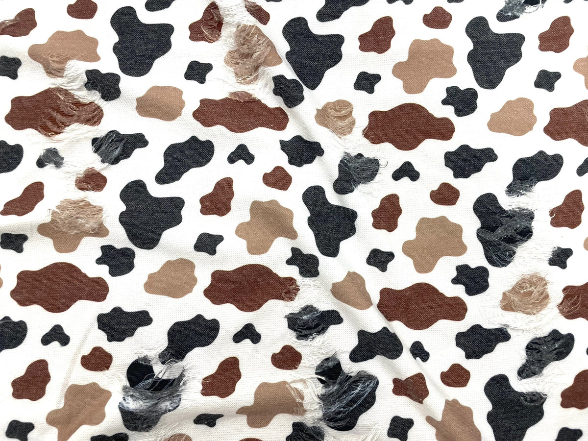 Cow Spot Brown Black Tan Distressed Denim Print #44 Polyester Rayon Spandex Stretch Apparel Fabric 58"-60" Wide By The Yard