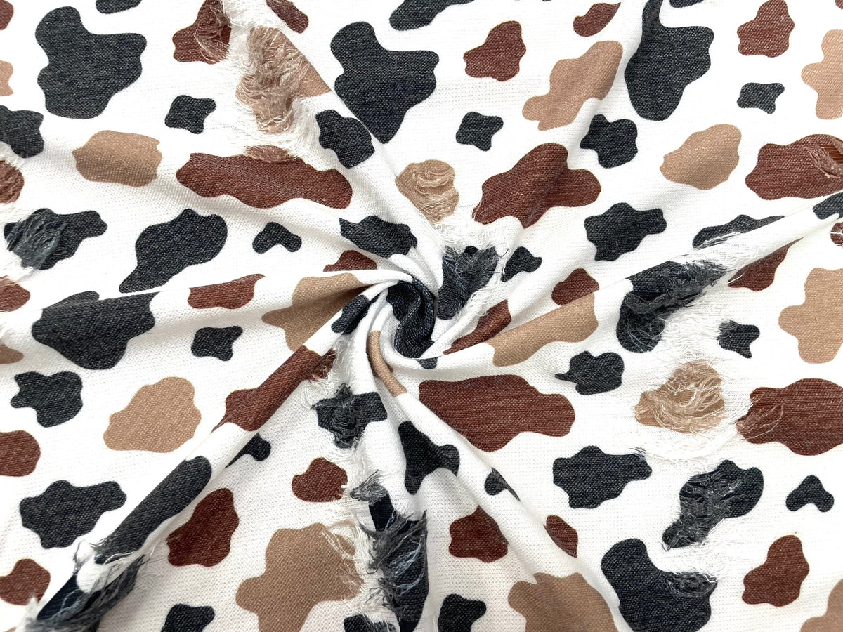 Cow Spot Brown Black Tan Distressed Denim Print #44 Polyester Rayon Spandex Stretch Apparel Fabric 58"-60" Wide By The Yard