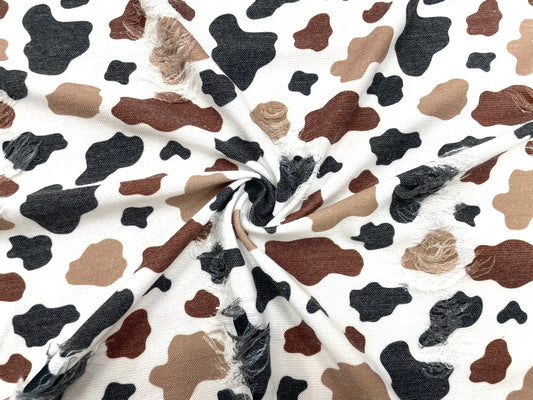Cow Spot Brown Black Tan Distressed Denim Print #44 Polyester Rayon Spandex Stretch Apparel Fabric 58"-60" Wide By The Yard