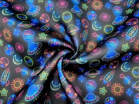 Space Alien Super Scuba Techno Print #28 Techno Double Knit 2-Way Stretch Fabric Poly Spandex Apparel Craft Fabric 58"-60" Wide By The Yard