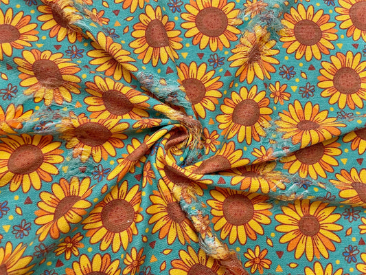 Hippie Sunflower  Distressed Denim Print #8 Polyester Rayon Spandex Stretch Apparel Fabric 58"-60" Wide By The Yard