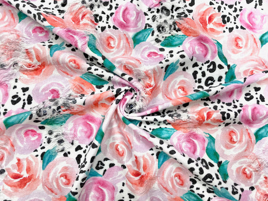 Leopard Rose Distressed Denim Print #15 Polyester Rayon Spandex Stretch Apparel Fabric 58"-60" Wide By The Yard