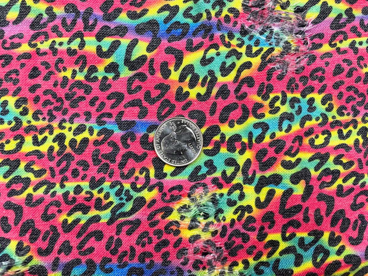 90's Retro Leopard Distressed Denim Print #21 Polyester Rayon Spandex Stretch Apparel Fabric 58"-60" Wide By The Yard
