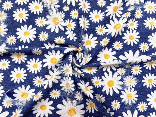 Daisy Floral Navy Distressed Denim Print #41 Polyester Rayon Spandex Stretch Apparel Fabric 58"-60" Wide By The Yard