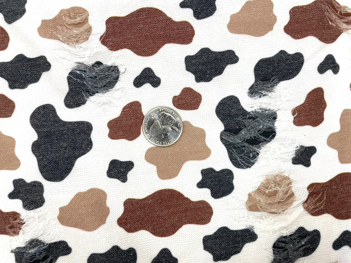 Cow Spot Brown Black Tan Distressed Denim Print #44 Polyester Rayon Spandex Stretch Apparel Fabric 58"-60" Wide By The Yard