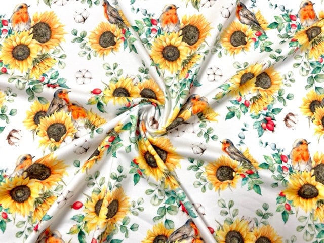 Eucalyptus Sunflower DBP Print #612 Double Brushed Polyester Spandex Apparel Stretch Fabric 190 GSM 58"-60" Wide By The Yard