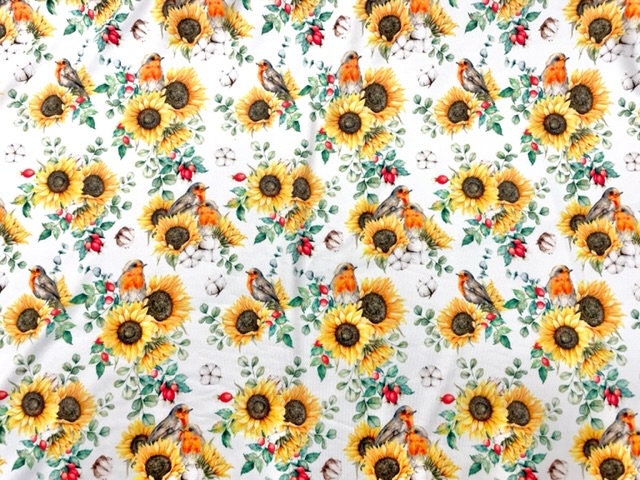 Eucalyptus Sunflower DBP Print #612 Double Brushed Polyester Spandex Apparel Stretch Fabric 190 GSM 58"-60" Wide By The Yard
