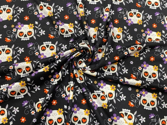 Sugar Skull DBP Print #592 Double Brushed Polyester Spandex Apparel Stretch Fabric 190 GSM 58"-60" Wide By The Yard
