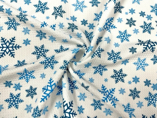 Blue Snowflake Christmas Bullet Print #606 Ribbed Scuba Techno Double Knit 2-Way Stretch Poly Spandex Apparel Craft Fabric 58"-60" Wide BTY