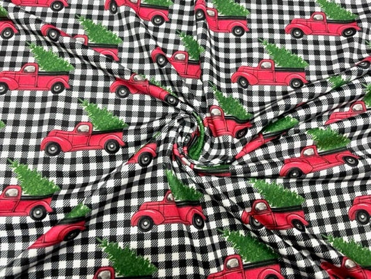 Christmas Truck Buffalo Plaid DBP Print #679 Double Brushed Polyester Spandex Apparel Stretch Fabric 190 GSM 58"-60" Wide By The Yard