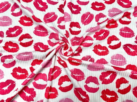 Lips Kiss Valentine's Day 4x2 Rib Knit Print #147 Double Brushed Polyester Spandex Stretch 190GSM Apparel Fabric 58"-60" Wide By The Yard