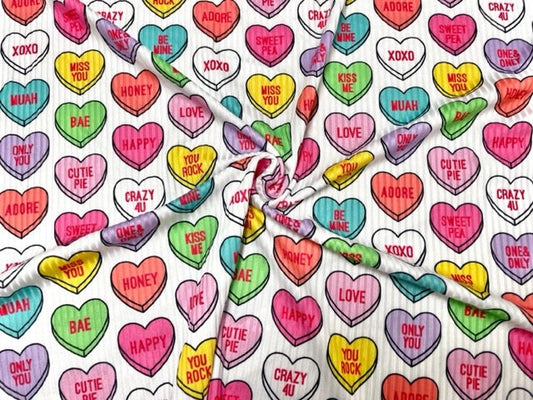 Candy Hearts Valentine's Day 4x2 Rib Knit Print #150 Double Brushed Polyester Spandex Stretch 190GSM Apparel Fabric 58"-60" Wide By The Yard