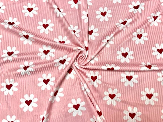 Daisy Hearts Valentine's Day 4x2 Rib Knit Print #151 Double Brushed Polyester Spandex Stretch 190GSM Apparel Fabric 58"-60" Wide By The Yard