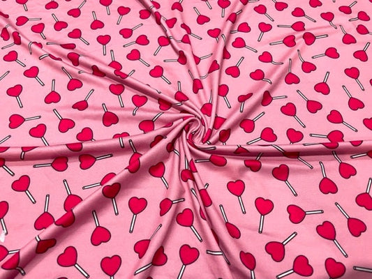 Lollipop Hearts Valentine's Day DBP Print #700 Double Brushed Polyester Spandex Apparel Stretch Fabric 190 GSM 58"-60" Wide By The Yard