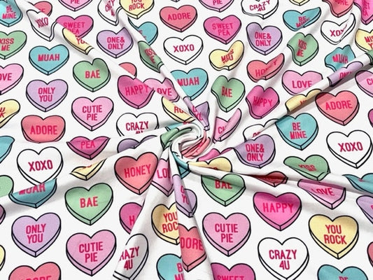 Candy Hearts Valentine's Day DBP Print #705 Double Brushed Polyester Spandex Apparel Stretch Fabric 190 GSM 58"-60" Wide By The Yard