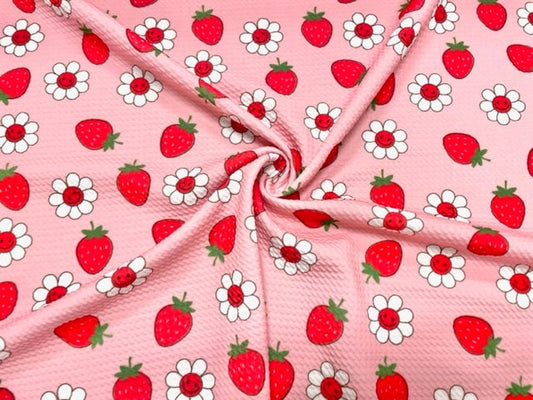 Strawberry Smiling Floral Bullet Print #707 Ribbed Scuba Techno Double Knit 2-Way Stretch Poly Spandex Apparel Craft Fabric 58"-60" Wide BTY