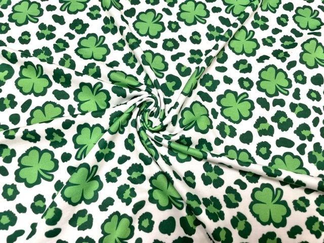 250 GSM DBP Leopard Clover St. Patrick's Day Print #714 Double Brushed Polyester Spandex Apparel Stretch Fabric 58"-60" Wide By The Yard