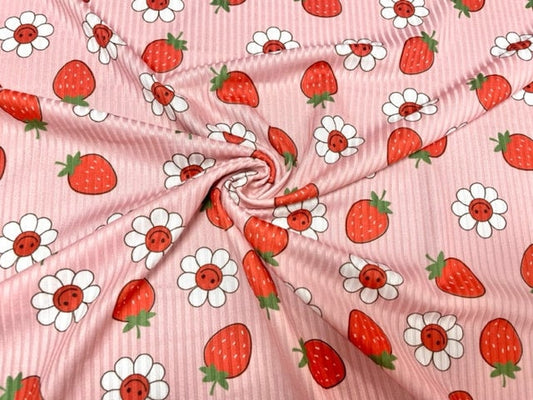 Strawberry Daisy Smiley Fruit 4x2 Rib Knit Print #161 Polyester Spandex Stretch 190GSM Apparel Fabric 58"-60" Wide By The Yard