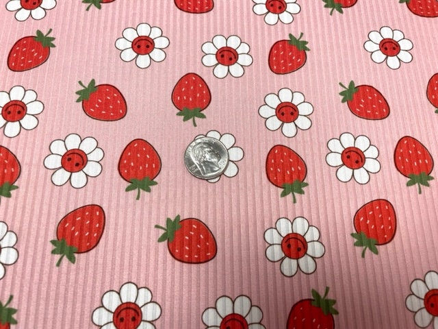 Strawberry Daisy Smiley Fruit 4x2 Rib Knit Print #161 Polyester Spandex Stretch 190GSM Apparel Fabric 58"-60" Wide By The Yard