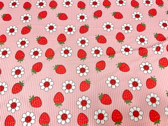 Strawberry Daisy Smiley Fruit 4x2 Rib Knit Print #161 Polyester Spandex Stretch 190GSM Apparel Fabric 58"-60" Wide By The Yard