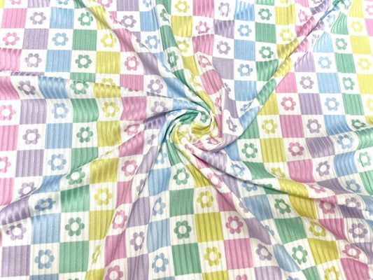 Checkerboard Daisy Floral Spring 4x2 Rib Knit Print #169 Polyester Spandex Stretch 190GSM Apparel Fabric 58"-60" Wide By The Yard