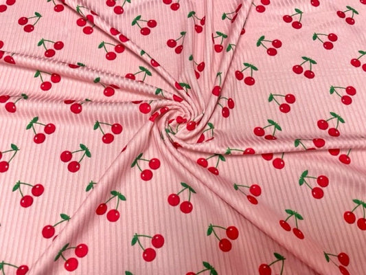 Cherries Fruit Pink 4x2 Rib Knit Print #177 Polyester Spandex Stretch 190GSM Apparel Fabric 58"-60" Wide By The Yard