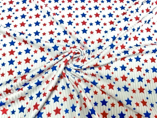 Star Fourth of July Red Blue 4x2 Rib Knit Print #181 Polyester Spandex Stretch 190GSM Apparel Fabric 58"-60" Wide By The Yard