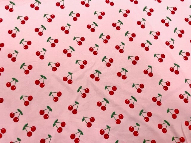 250 GSM DBP Cherries Summer Fruit Print #733 Double Brushed Polyester Spandex Apparel Stretch Fabric 58"-60" Wide By The Yard