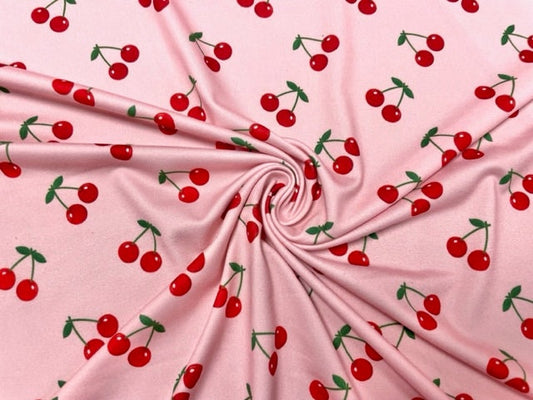 Cherries Summer Fruit DBP Print #733 Double Brushed Polyester Spandex Apparel Stretch Fabric 190 GSM 58"-60" Wide By The Yard
