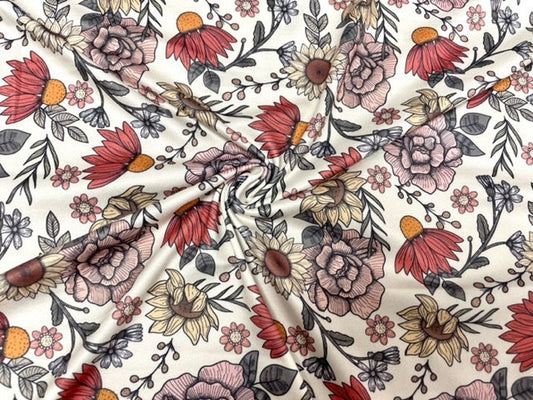 250 GSM DBP Brittany Frost Designs Wildflower Print #853 Double Brushed Poly Spandex Apparel Stretch Fabric GSM 58"-60" Wide By The Yard