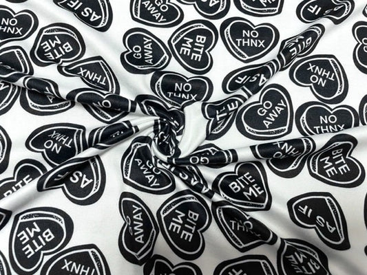 250 GSM DBP Brittany Frost Designs Candy Hearts Print #922 Double Brushed Polyester Spandex Apparel Stretch Fabric 58"-60" Wide By The Yard