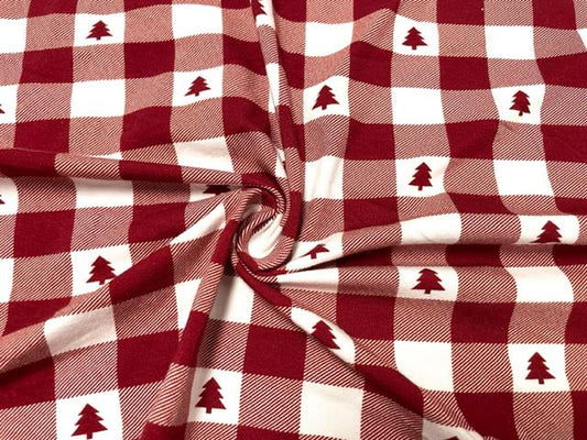 Buffalo Plaid Tree Red Cotton Spandex Print #124 230GSM Jersey Knit Stretch Exercise Apparel Fabric Photography 58"-60" Wide By The Yard