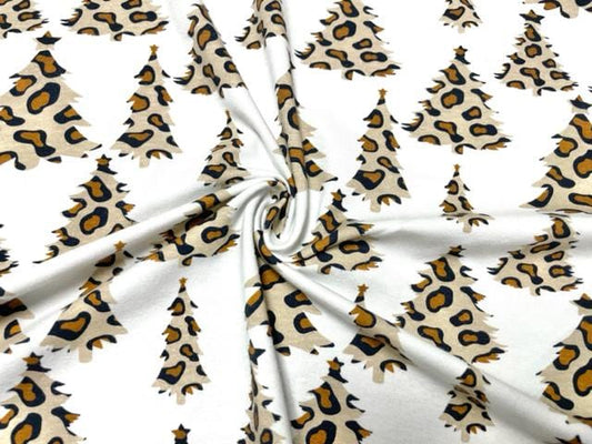Christmas Tree Leopard Cotton Spandex Print #125 230GSM Jersey Knit Stretch Exercise Apparel Fabric Photography 58"-60" Wide By The Yard