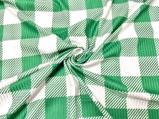 4x2 Rib Buffalo Plaid Green White DBP Knit Print #517 Double Brushed Poly Spandex Stretch 190GSM Apparel Fabric 58"-60" Wide By The Yard
