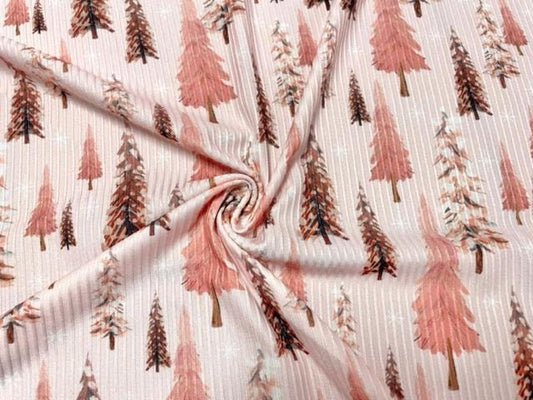 4x2 Rib Pink Xmas Tree DBP Knit Print #521 Double Brushed Poly Spandex Stretch 190GSM Apparel Fabric 58"-60" Wide By The Yard