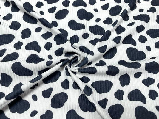 4x2 Rib Cow Spot Cowhide DBP Knit Print #522 Double Brushed Poly Spandex Stretch 190GSM Apparel Fabric 58"-60" Wide By The Yard