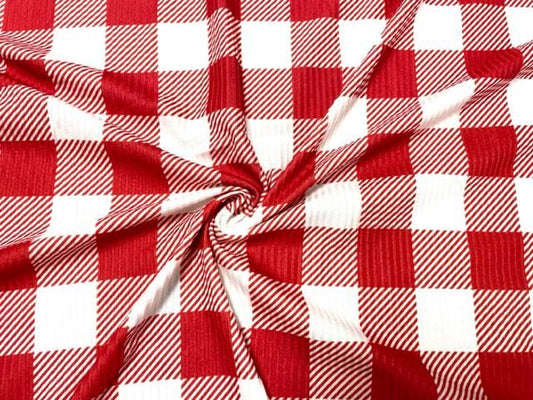 4x2 Rib Buffalo Plaid Red White DBP Knit Print #527 Double Brushed Poly Spandex Stretch 190GSM Apparel Fabric 58"-60" Wide By The Yard