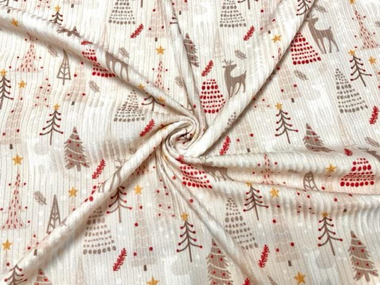 4x2 Rib Reindeer Xmas Tree DBP Knit Print #520 Double Brushed Poly Spandex Stretch 190GSM Apparel Fabric 58"-60" Wide By The Yard