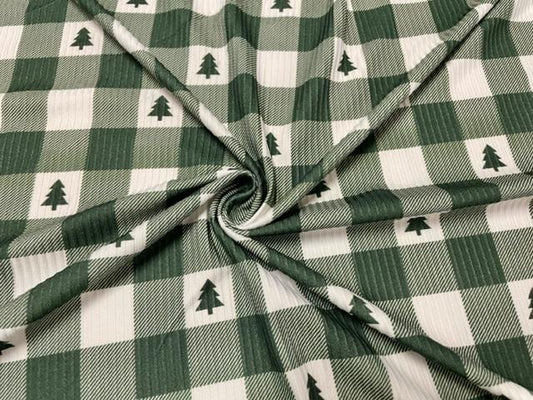 4x2 Rib Buffalo Plaid Green Tree DBP Knit Print #524 Double Brushed Poly Spandex Stretch 190GSM Apparel Fabric 58"-60" Wide By The Yard