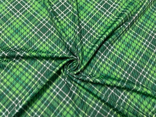 4x2 Rib Plaid Green White DBP Knit Print #528 Double Brushed Poly Spandex Stretch 190GSM Apparel Fabric 58"-60" Wide By The Yard