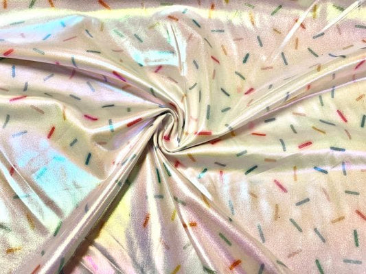 Rainbow Sprinkles Holographic Pleather Print #30 Shiny Faux Leather Stretch Vinyl Poly Spandex 190 GSM Fabric 58"-60" Wide By The Yard