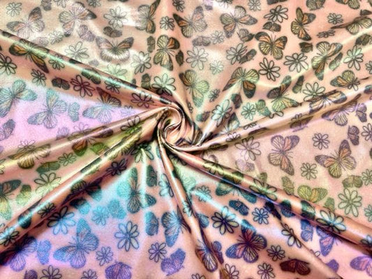 Holo Pleather Brittany Frost Designs 90 Butterfly Print #31 Shiny Stretch Vinyl Poly Spandex 190 GSM Apparel Fabric 58"-60" Wide By The Yard
