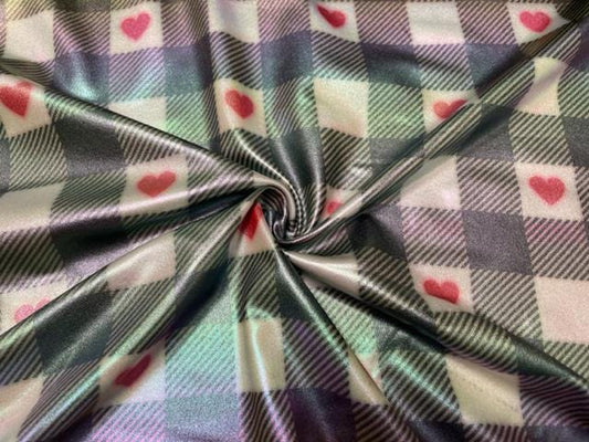 Buffalo Plaid Hearts Holographic Pleather Print #35 Shiny Faux Leather Stretch Vinyl Poly Spandex 190 GSM Fabric 58"-60" Wide By The Yard