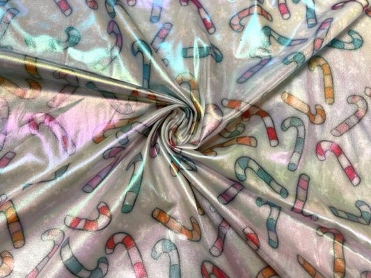 Holo Pleather Brittany Frost Designs Candy Cane Print #37 Shiny Stretch Vinyl Poly Spandex 190 GSM Apparel Fabric 58"-60" Wide By The Yard