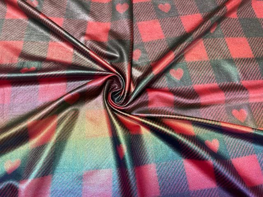 Buffalo Plaid Hearts Holographic Pleather Print #39 Shiny Faux Leather Stretch Vinyl Poly Spandex 190 GSM Fabric 58"-60" Wide By The Yard