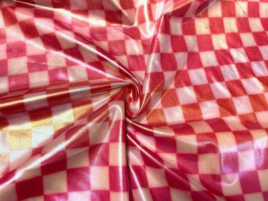 Checkerboard Red Holographic Pleather Print #42 Shiny Faux Leather Stretch Vinyl Poly Spandex 190 GSM Fabric 58"-60" Wide By The Yard