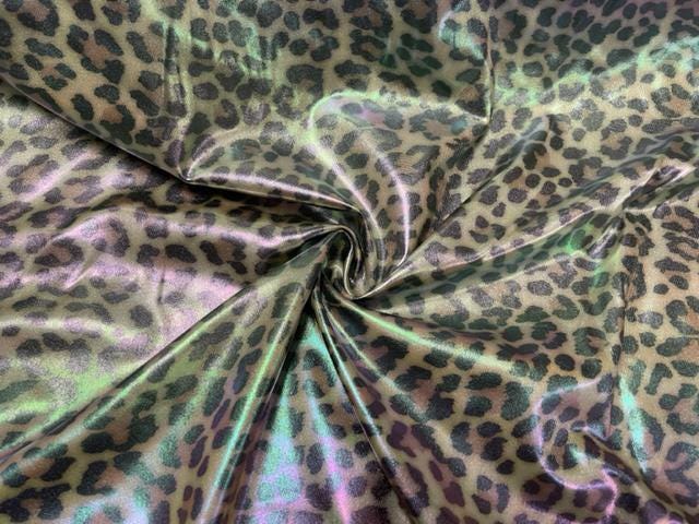 Leopard Spot Holographic Pleather Print #43 Shiny Faux Leather Stretch Vinyl Poly Spandex 190 GSM Fabric 58"-60" Wide By The Yard