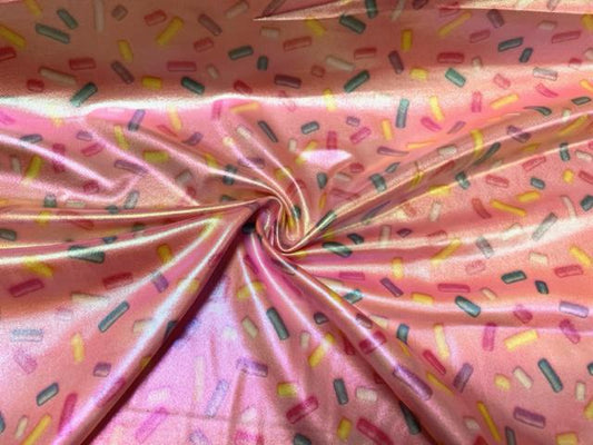 Pink Sprinkles Holographic Pleather Print #46 Shiny Faux Leather Stretch Vinyl Poly Spandex 190 GSM Fabric 58"-60" Wide By The Yard